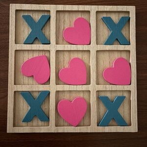 Wooden Tic-Tac-Toe Game with Pink Hearts and Blue Xs
